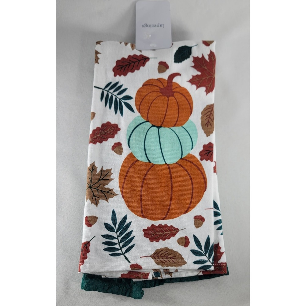 Pumpkins & Leaves Festive Fall Season Kitchen Towels Set Of 2 100% Cotton NWT